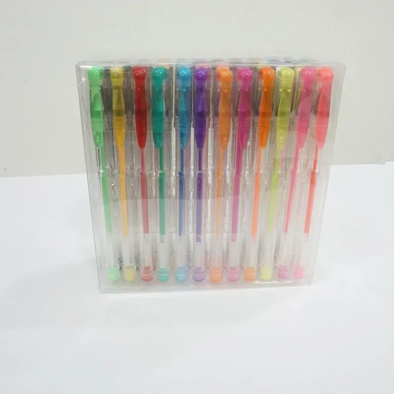 100 gel pens in multiple colours showing 0.5mm and 1mm tips with plastic barrels