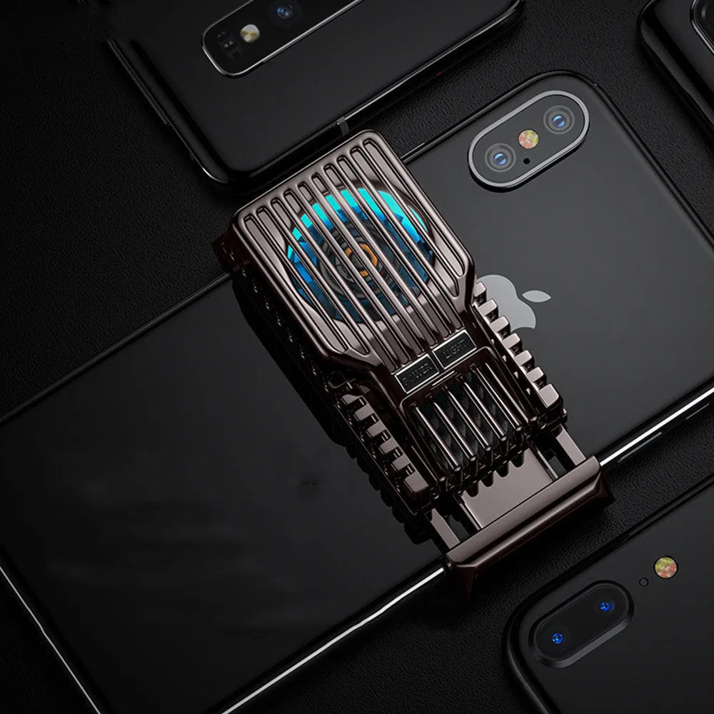 Black mobile phone radiator with aluminium alloy heat sink clipped onto smartphone
