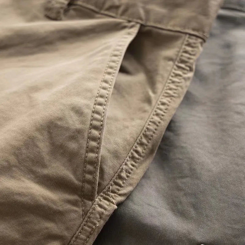 Men's multi-pocket cotton work trousers in solid colour, cropped length, available in khaki