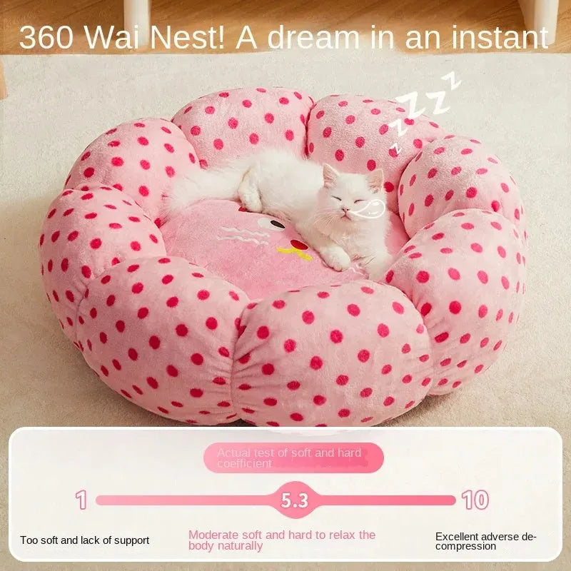 Pink dot fabric cat bed with cushion, 45cm or 65cm diameter for small to medium cats up to 20 pounds