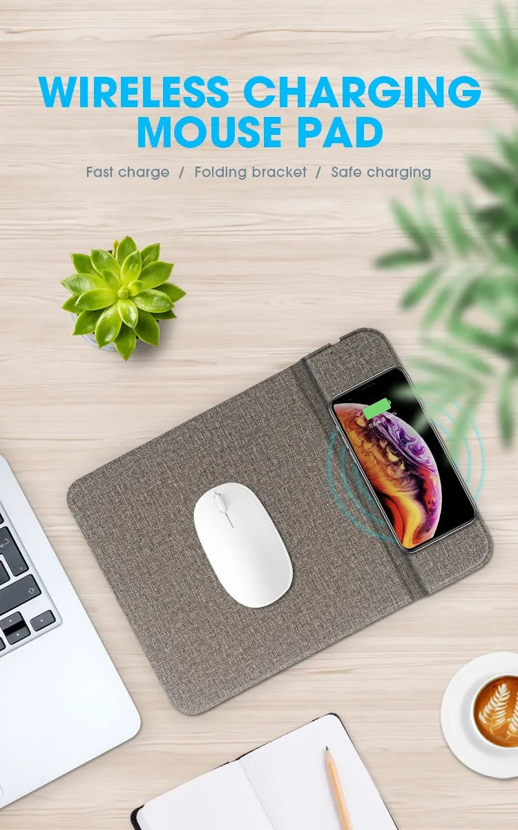 Foldable black and grey fabric wireless phone charger showing both flat and upright positions