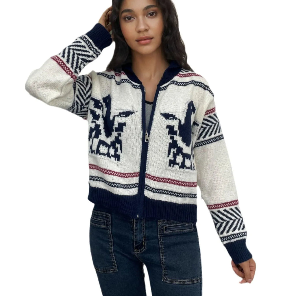 White women's wool zip cardigan with a jacquard contrast colour pattern on the lapel.