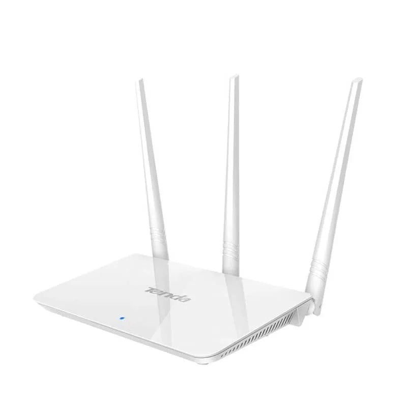 White dual-band wireless router for broadband internet connectivity.