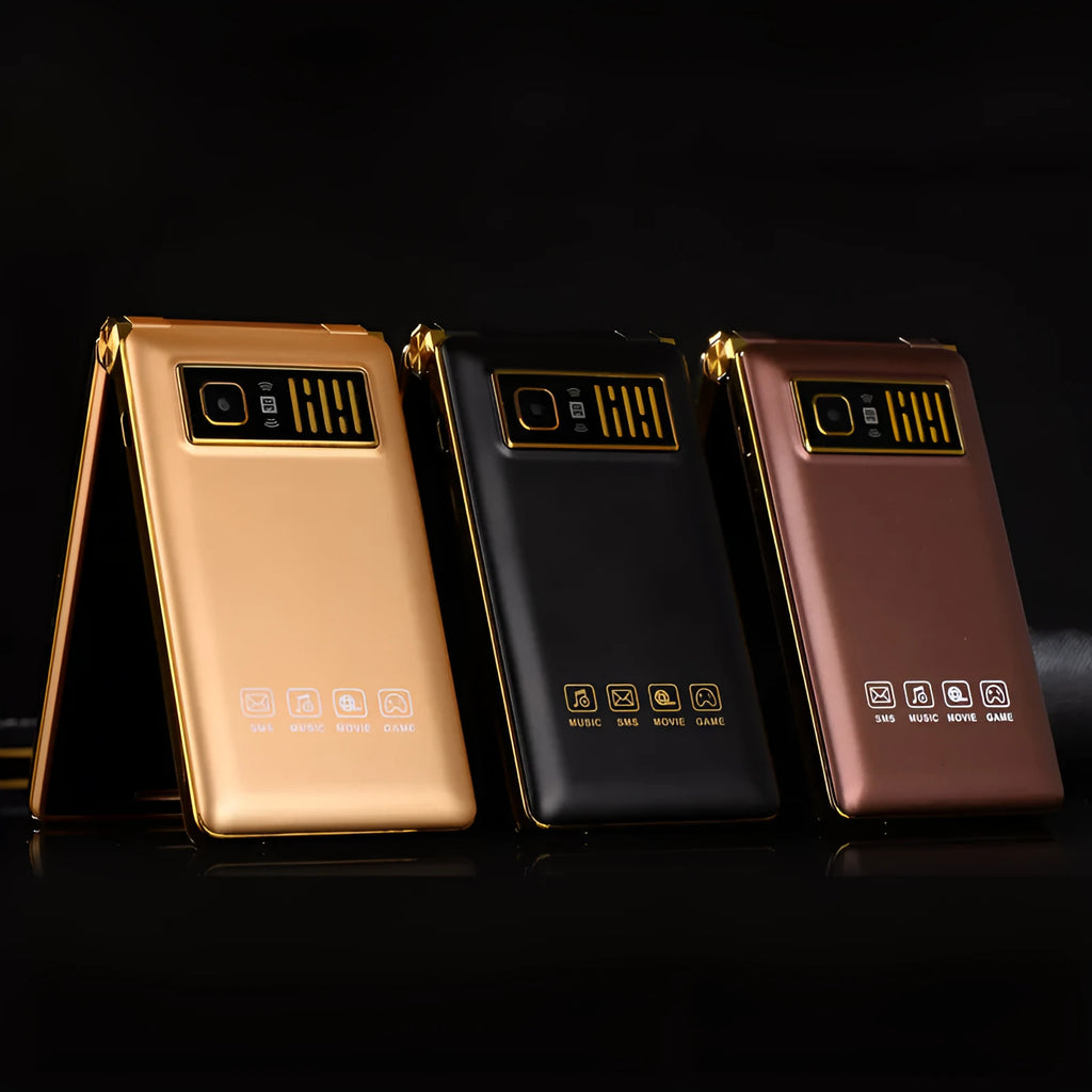 Dual screen flip phone open showing large touch display and external smaller screen on front.