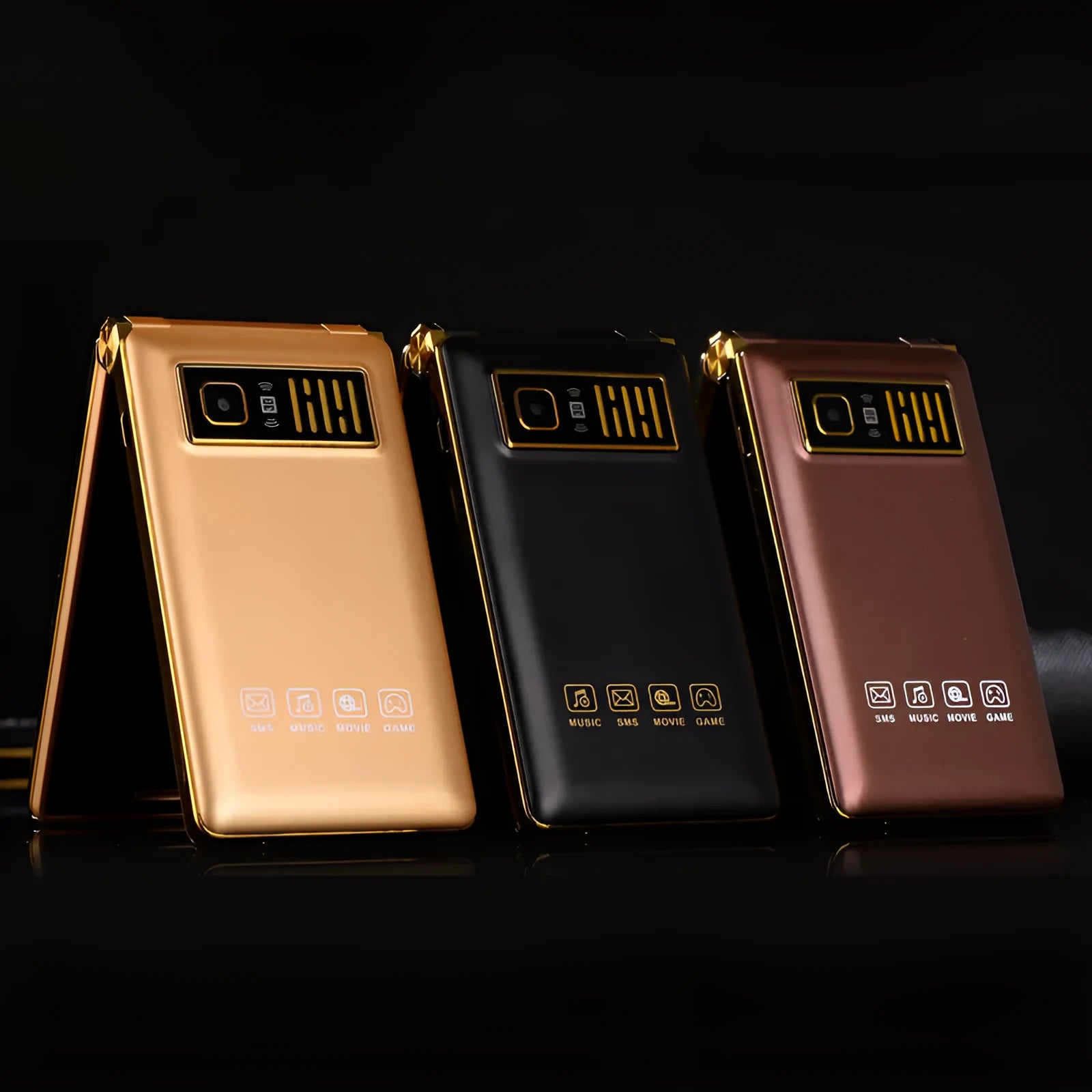 Dual screen flip phone open showing large touch display and external smaller screen on front.