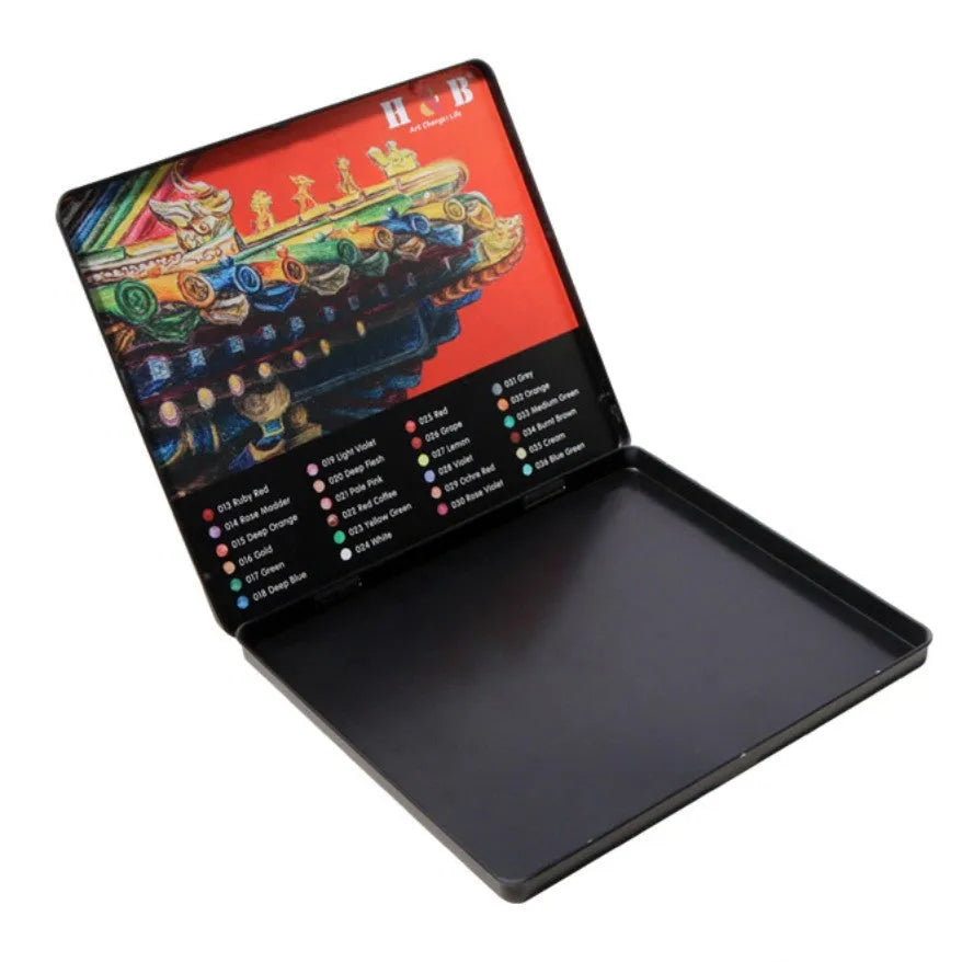 Wooden tin box open to show 24 water-soluble coloured pencils.