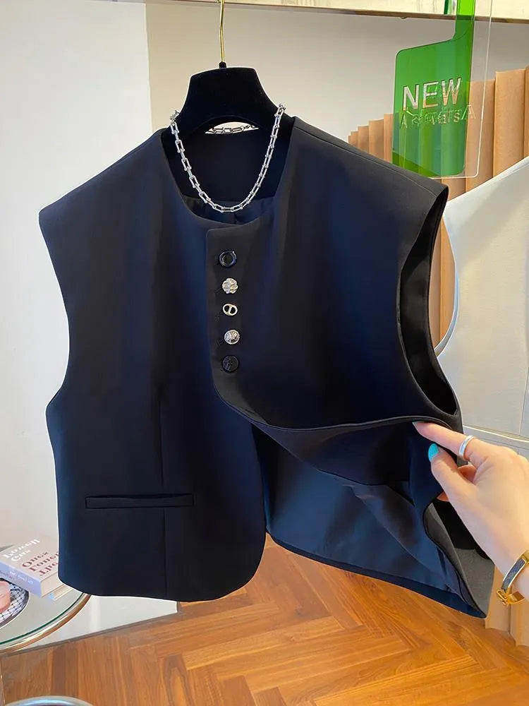 Beige loose-fitting women's waistcoat vest with a pocket, shown as a bandage dress style top.