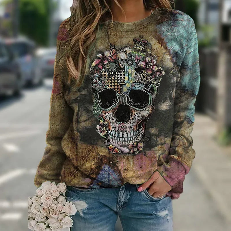 Black men's long sleeve sweatshirt featuring a detailed skull print design on the front.