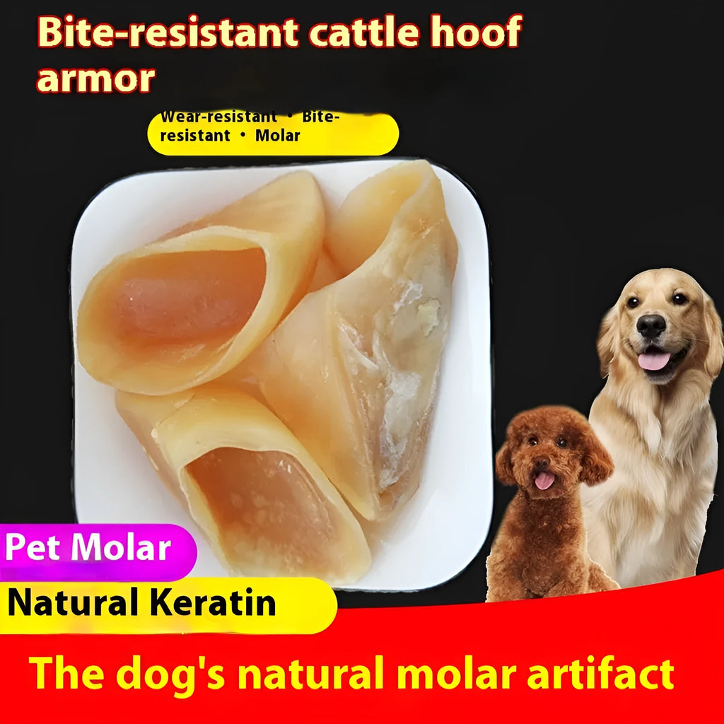Natural cowhide dog chew rod in hoof shell colour, shown in small and large sizes for different dog breeds