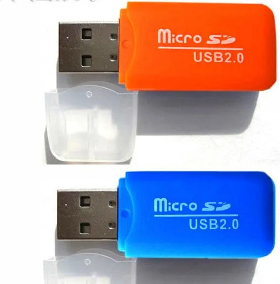 Small white Mini USB Card Reader for MicroSD TF and SD memory cards on a desk