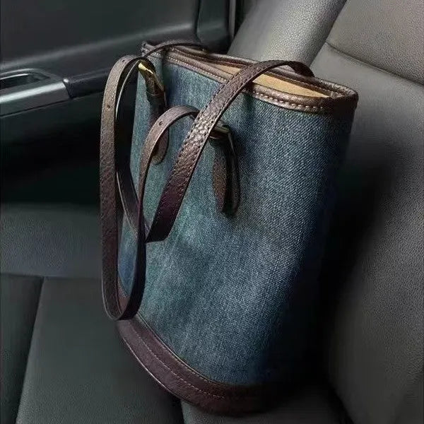 Denim patchwork large capacity retro one-shoulder bucket bag in denim commuter colour, 23x27x16cm