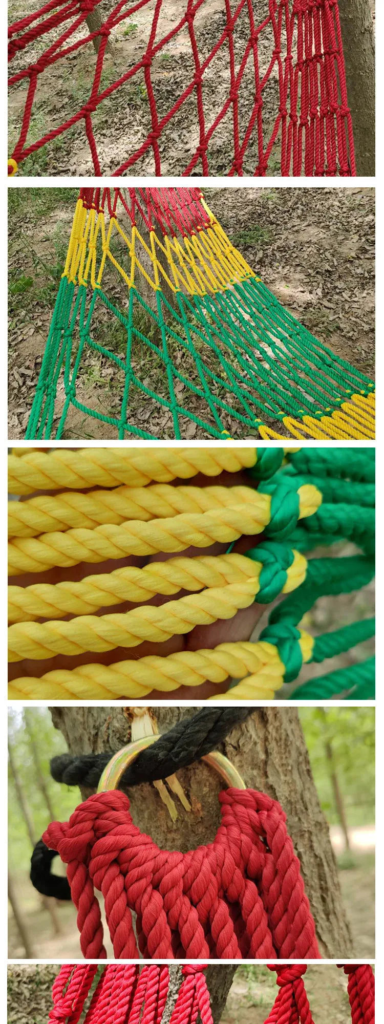 Nylon rope mesh outdoor hammock hung between two trees, showing its open weave and included tying ropes.