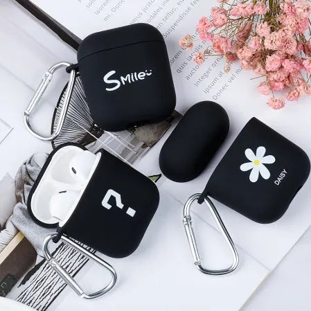 Black and pink AirPods protective case covers with decorative flower, love, smiley face designs