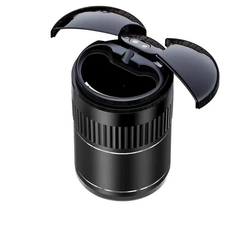 Metal smart infrared car ashtray with lid in black, 113mm size for vehicle use