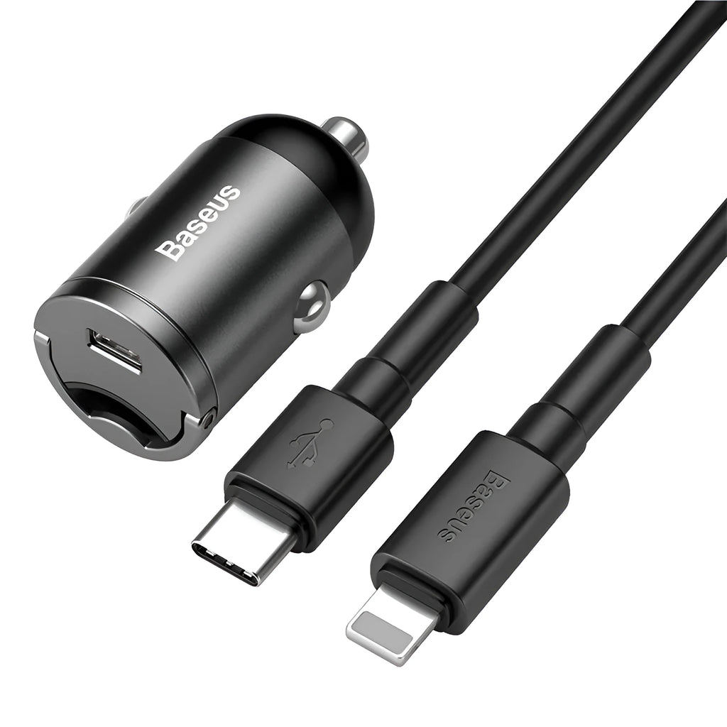 Baseus electro-optical grey 30W car charger with integrated 1m USB cable for mobile phones