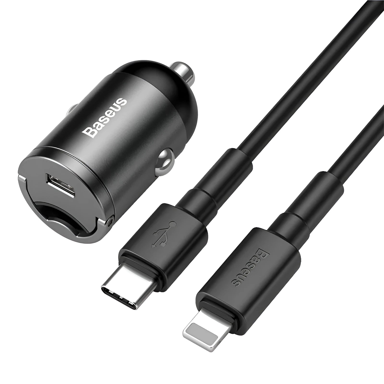 Baseus electro-optical grey 30W car charger with integrated 1m USB cable for mobile phones