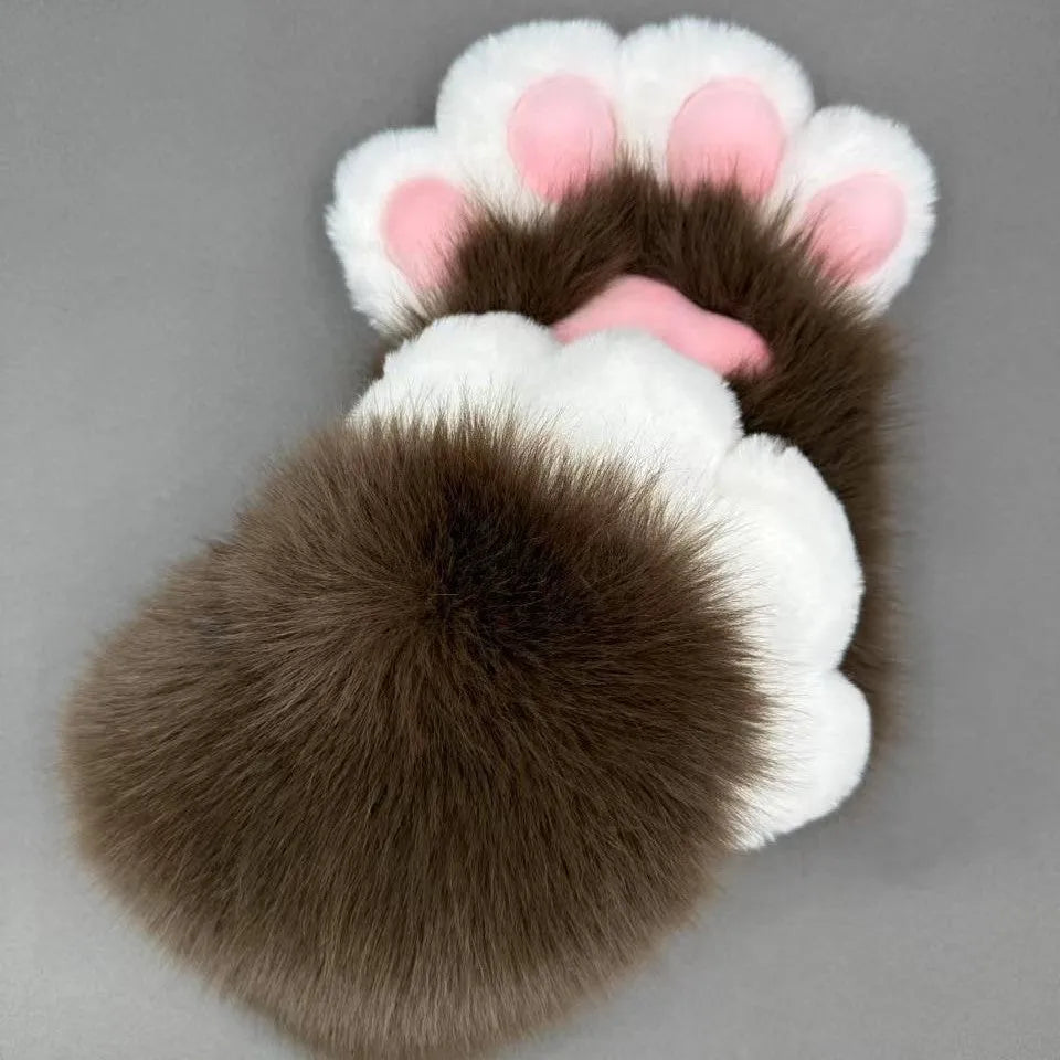A pair of nylon cosplay gloves designed to look like animal claws, shown in various colour pad options.