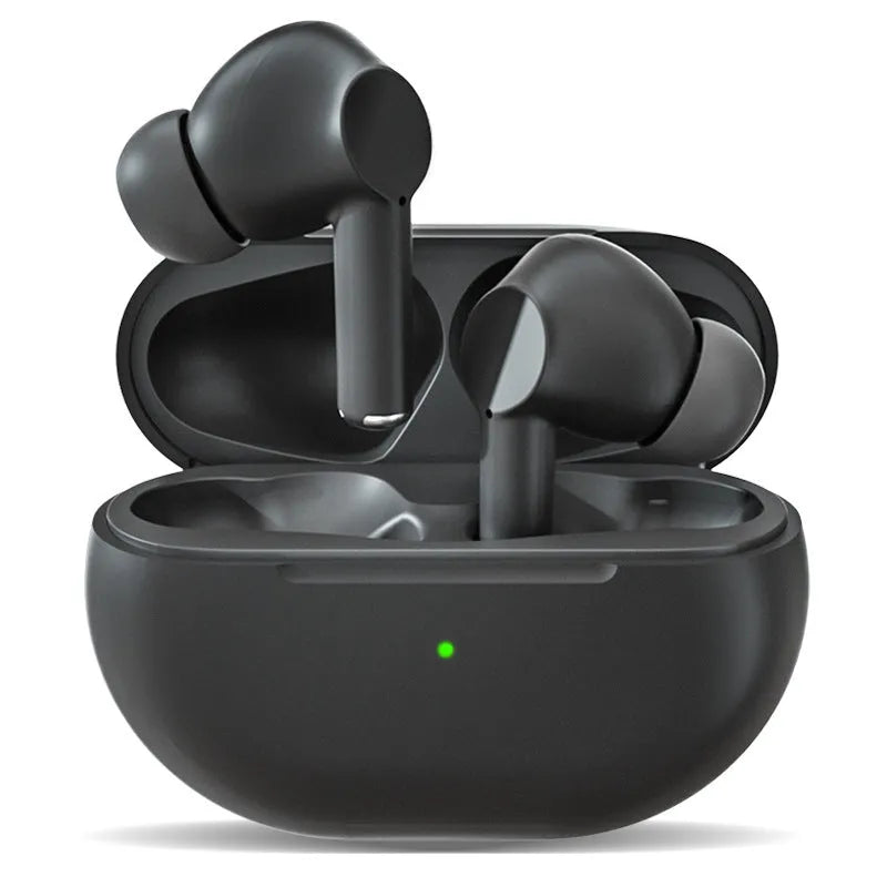Pro4 wireless Bluetooth earbuds in black and white with charging case and cable
