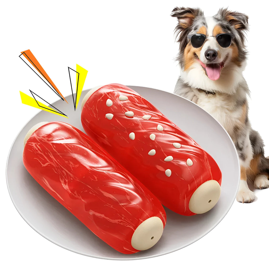 Plastic molar rod dog chew toy with textured surface in primary colour