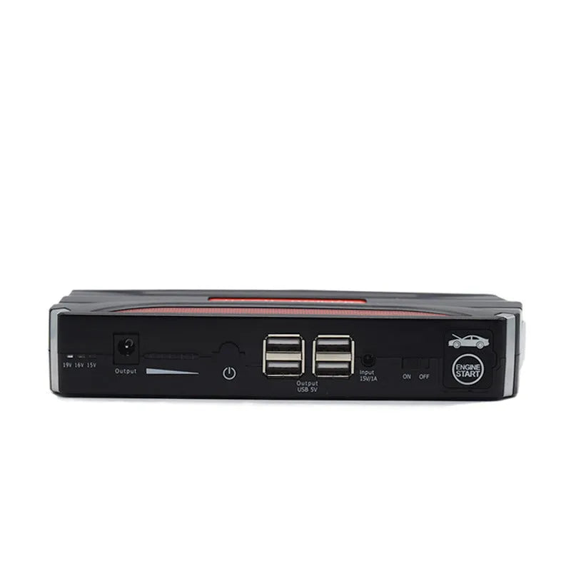Black and red coloured 12V vehicle emergency jump starter power supply unit.