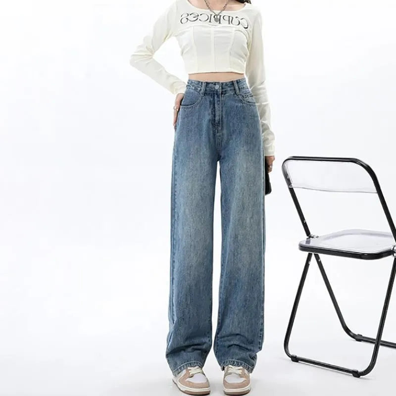 Retro blue high waist wide leg jeans for women with straight cut and stretch denim