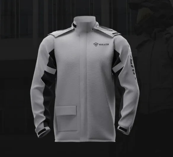 Motorcycle raincoat and rain pants suit with hidden shoe covers in storage bag
