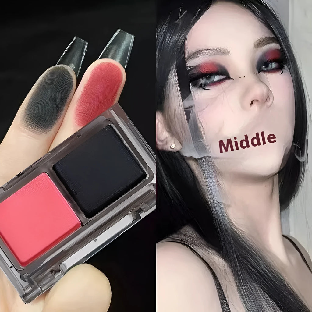 DIKALU two-tone eyeshadow palette open showing pink and black matte shimmer powder in one of five colour combinations.