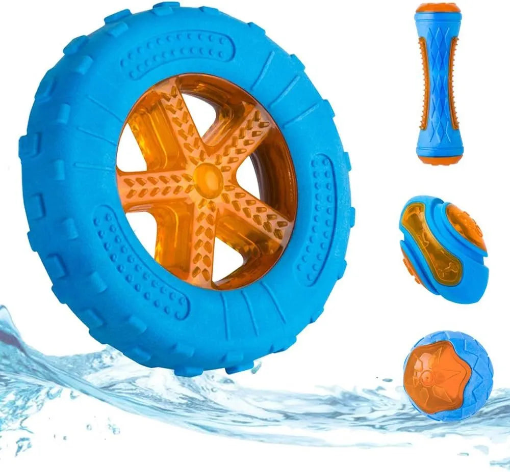 TPR floating squeaky dog toy with bump and spike textures in ball, barbell, or tyres shapes