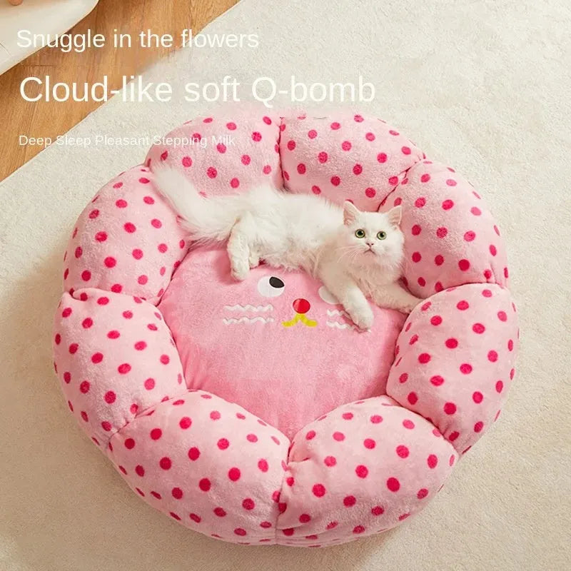 Pink dot fabric cat bed with cushion, 45cm or 65cm diameter for small to medium cats up to 20 pounds