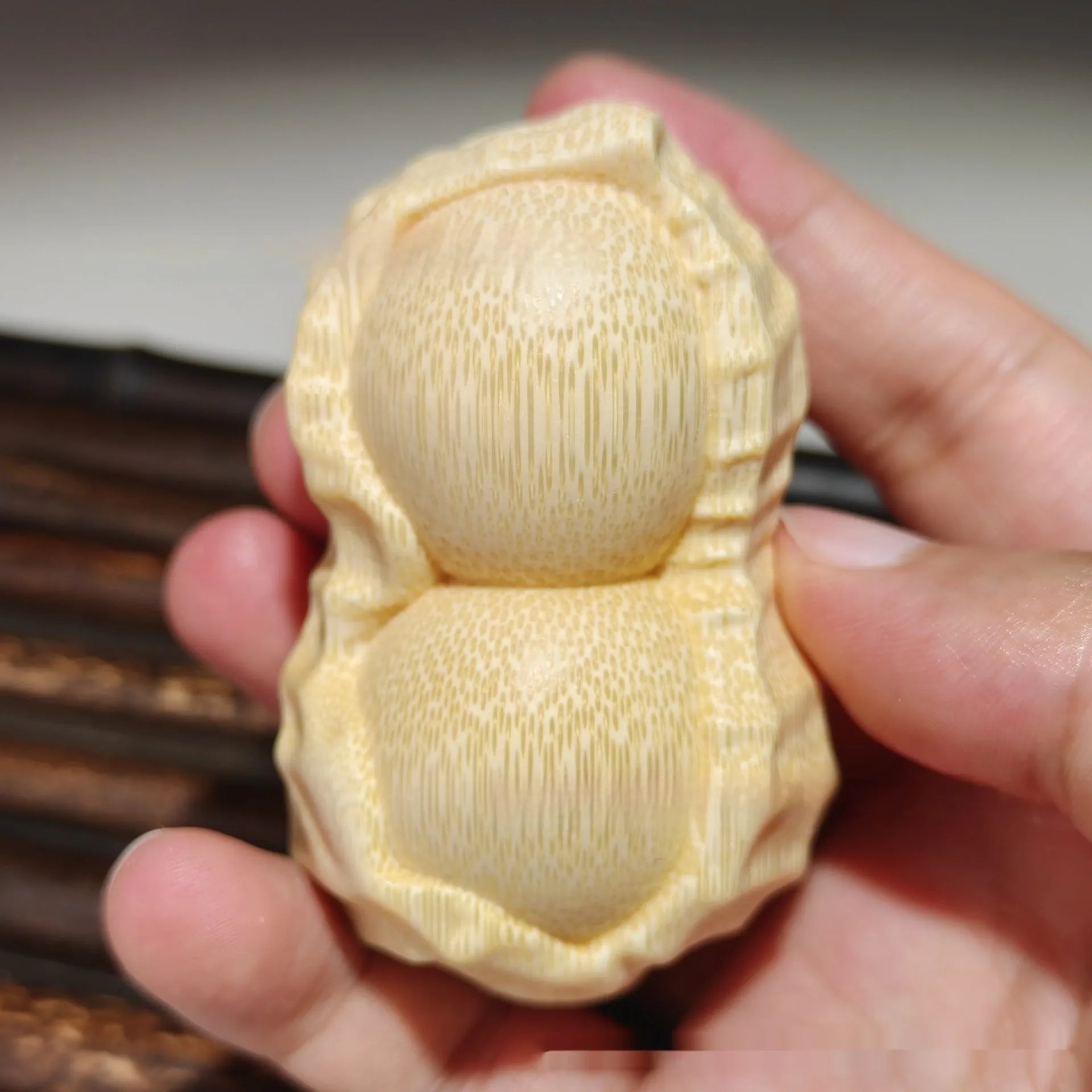 Natural bamboo carving peanut ornament with modern simplicity style and symbolic message