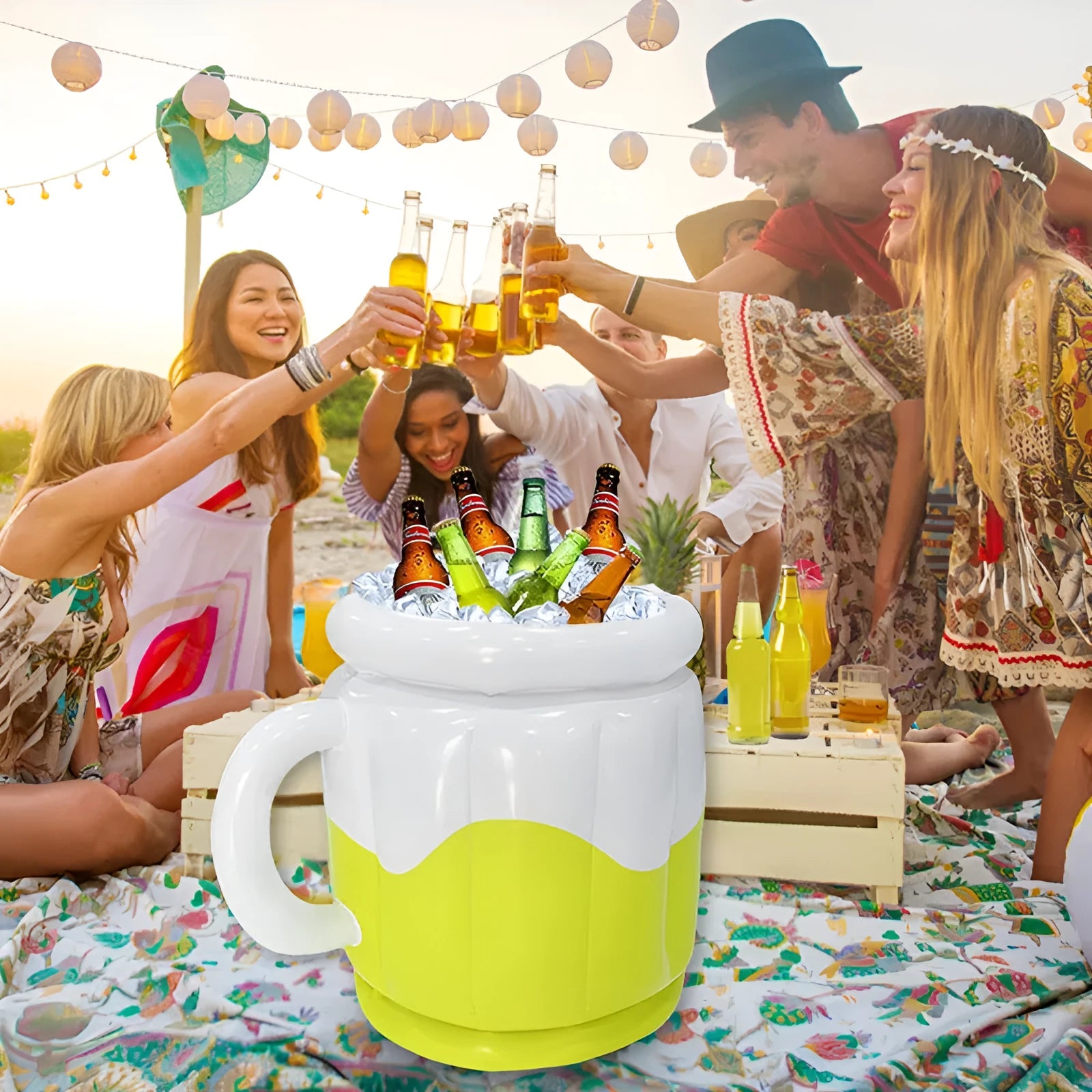 Yellow inflatable PVC ice bucket designed for holding beer steins and ice.