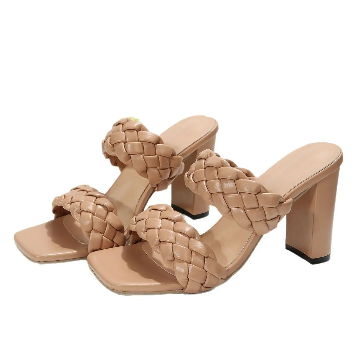 Women's square toe flip-flops with a chunky heel and woven twisted PU upper in white.
