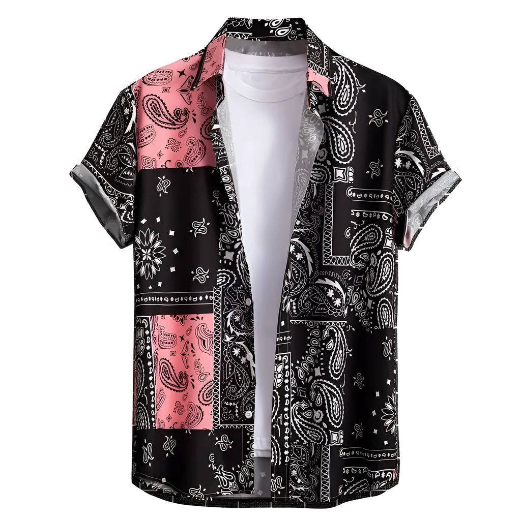 Men's slim fit short sleeve digital print shirt in polyester, front view, available in multiple colours