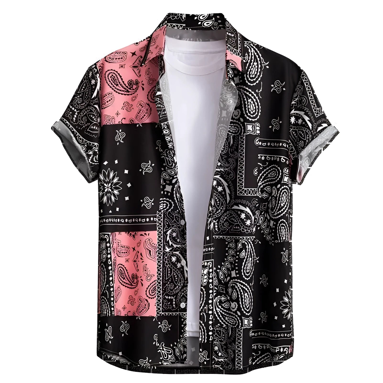 Men's slim fit short sleeve digital print shirt in polyester, front view, available in multiple colours