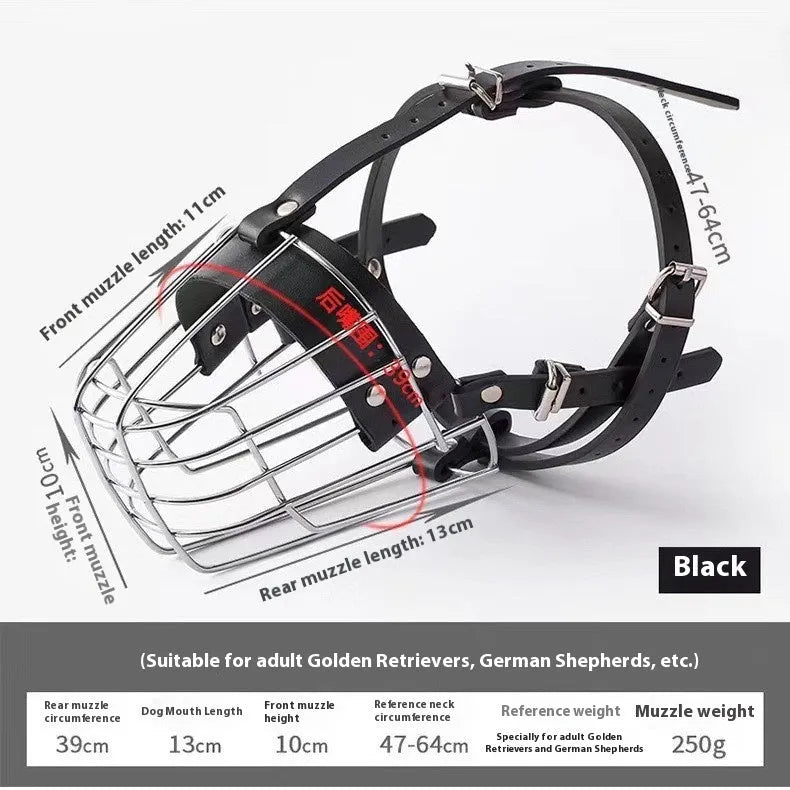 Black metal mesh dog muzzle designed for Golden Retrievers and German Shepherds.