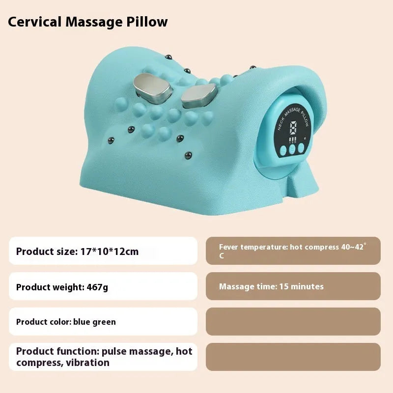 Blue-green portable neck massage pillow with EMS and hot compress, 17x10x12 cm