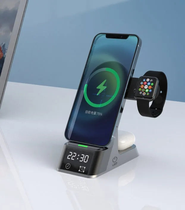 Black multifunctional wireless charging alarm clock with digital LED display and multiple charging ports
