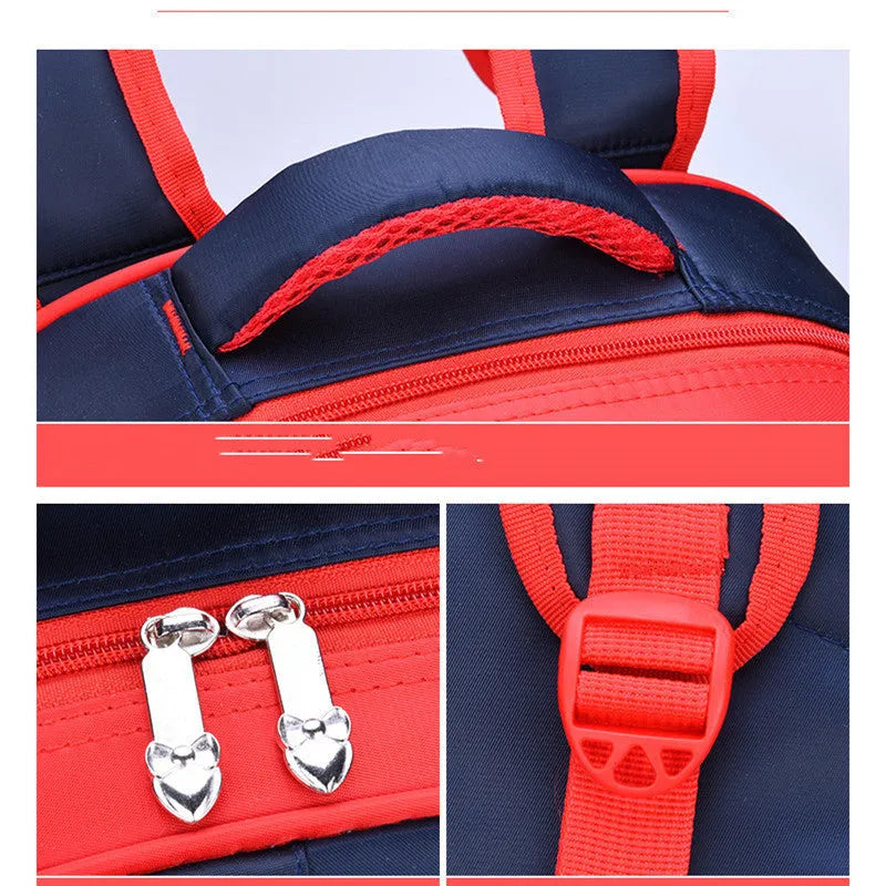 Blue cartoon print children's nylon school backpack with pencil case, shown with dimensions.