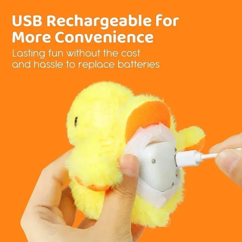 Yellow flapping duck cat toy with USB charging cable for interactive play