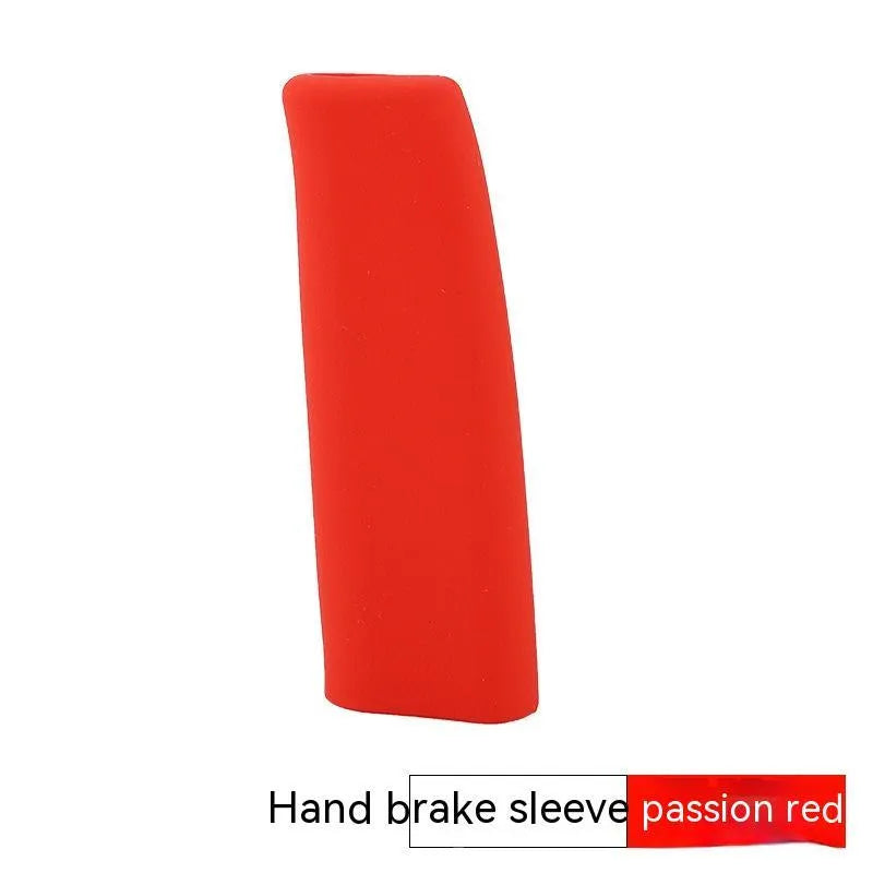 Universal silicone handbrake sleeve in red, blue, black, grey, and beige shown next to a car gear lever.
