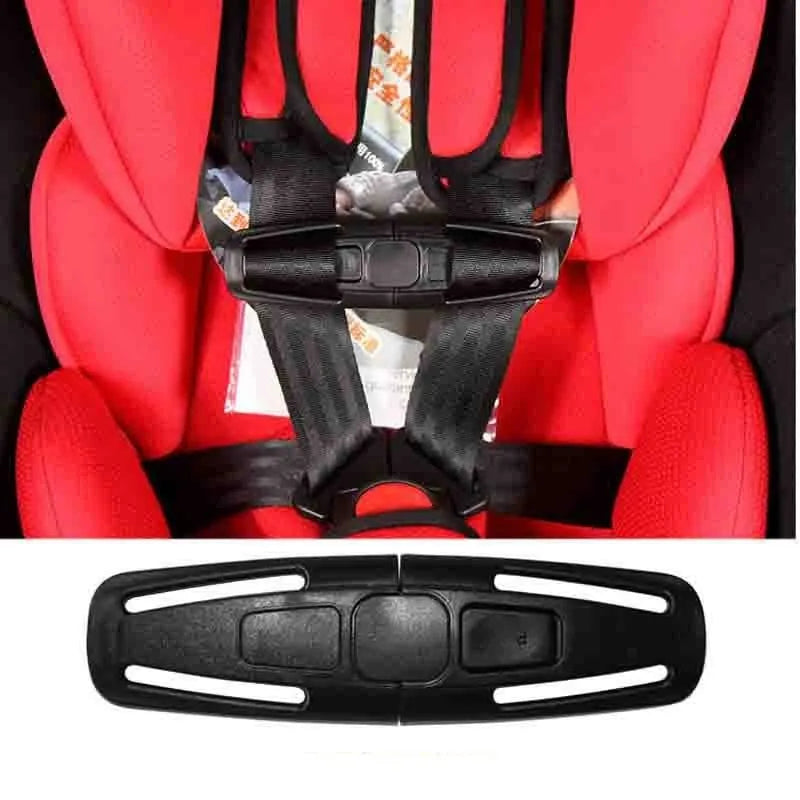 Black nylon seat belt clip for child car seat harnesses, shown at 14.5 cm long.