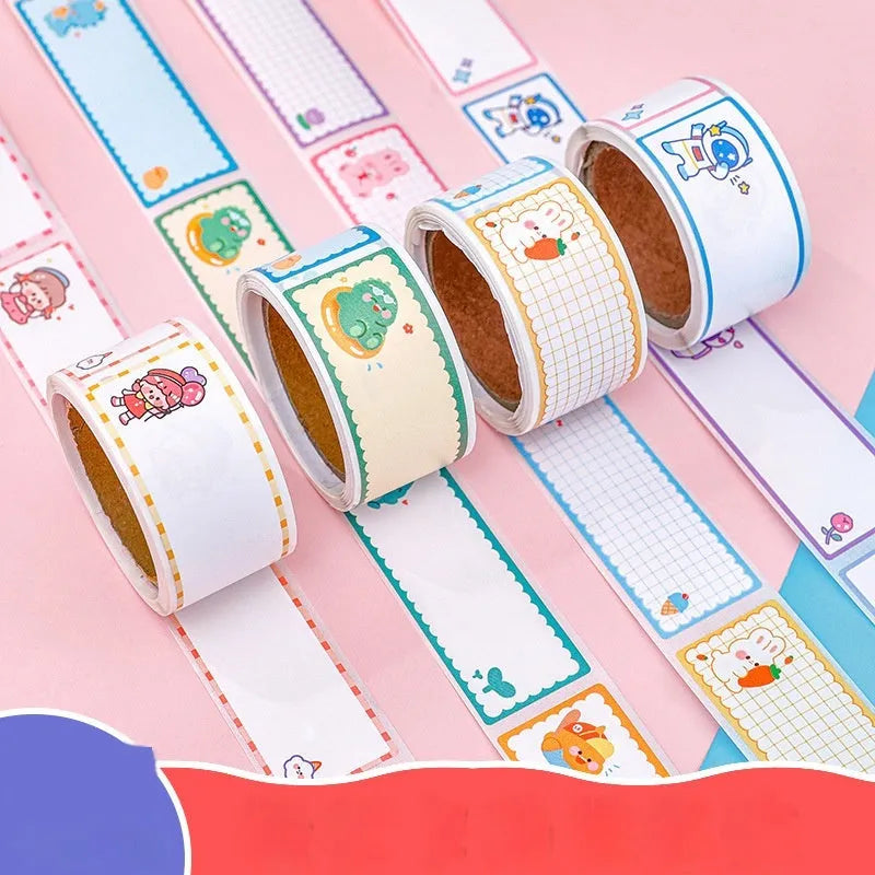 Roll of creative cartoon tape stickers showing dinosaur, astronaut, rabbit, and girl designs.