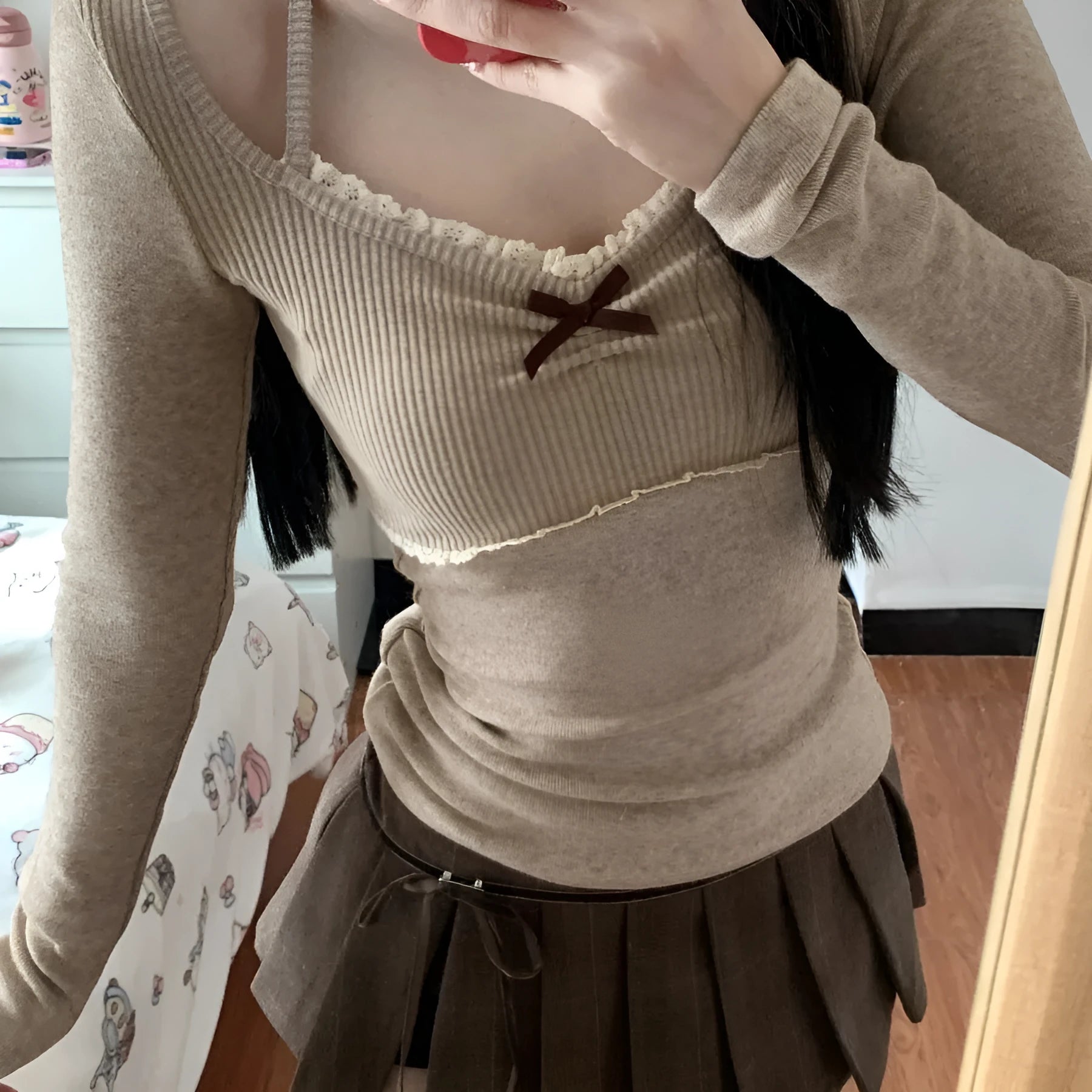 Women's halter lace V-neck sweater in Milk Tea colour, slim fit spring top with lace trim and V-neckline
