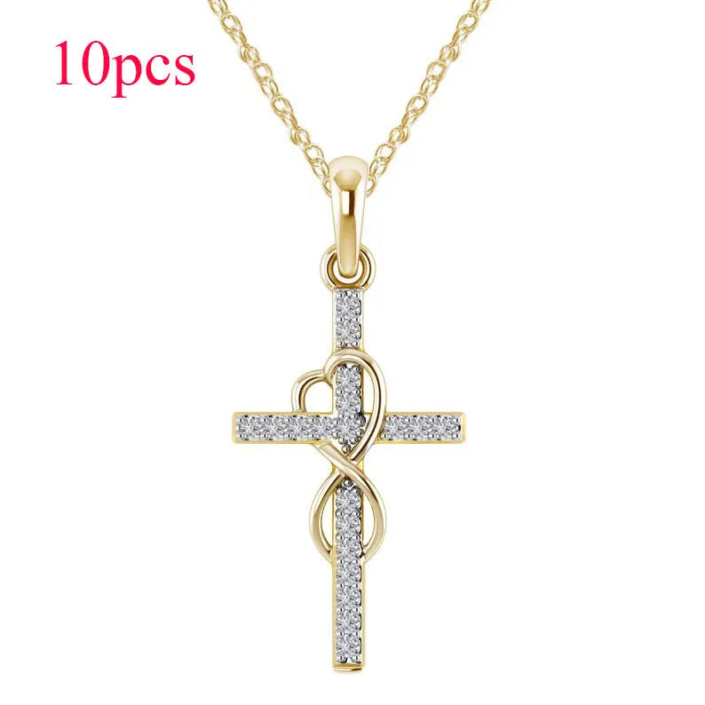 Alloy cross pendant necklace with diamond detail, adjustable chain, gold colour, unisex design