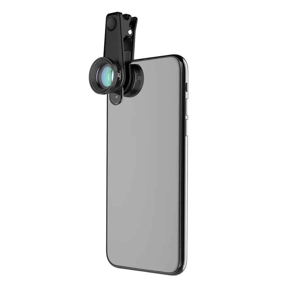 Black 6 in 1 mobile phone lens kit with fisheye, telephoto, wide-angle macro, CPL and star filters in EVA case.