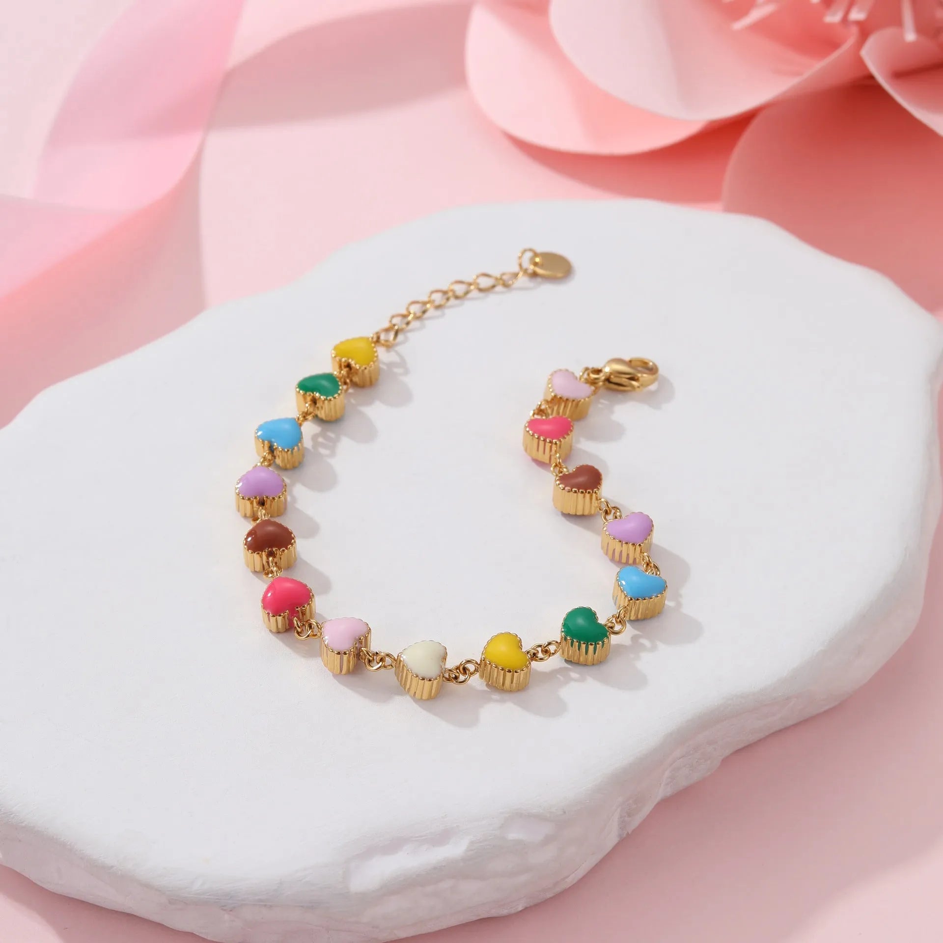 Women's stainless steel love heart bracelet with gold or steel electroplated finish