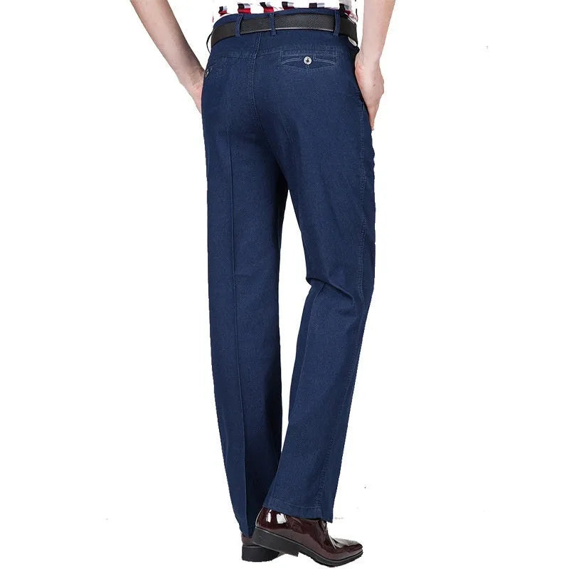Men's high waist loose casual jeans cotton denim zipper fly thin light blue colour