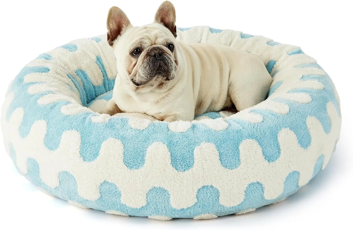 Round pet bed in sea blue white plaid with removable cover, 60x60x20 cm size for dogs and cats