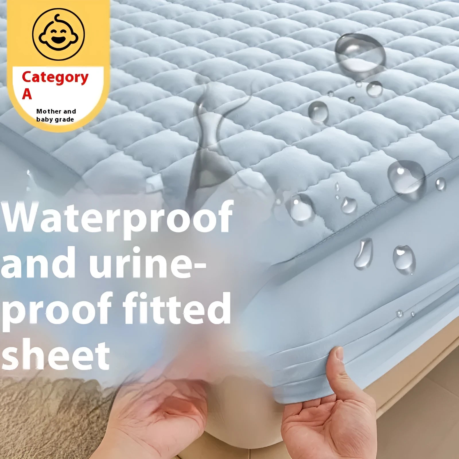 Class A waterproof washed cotton fitted sheet in blue, shown fitted on a mattress corner.
