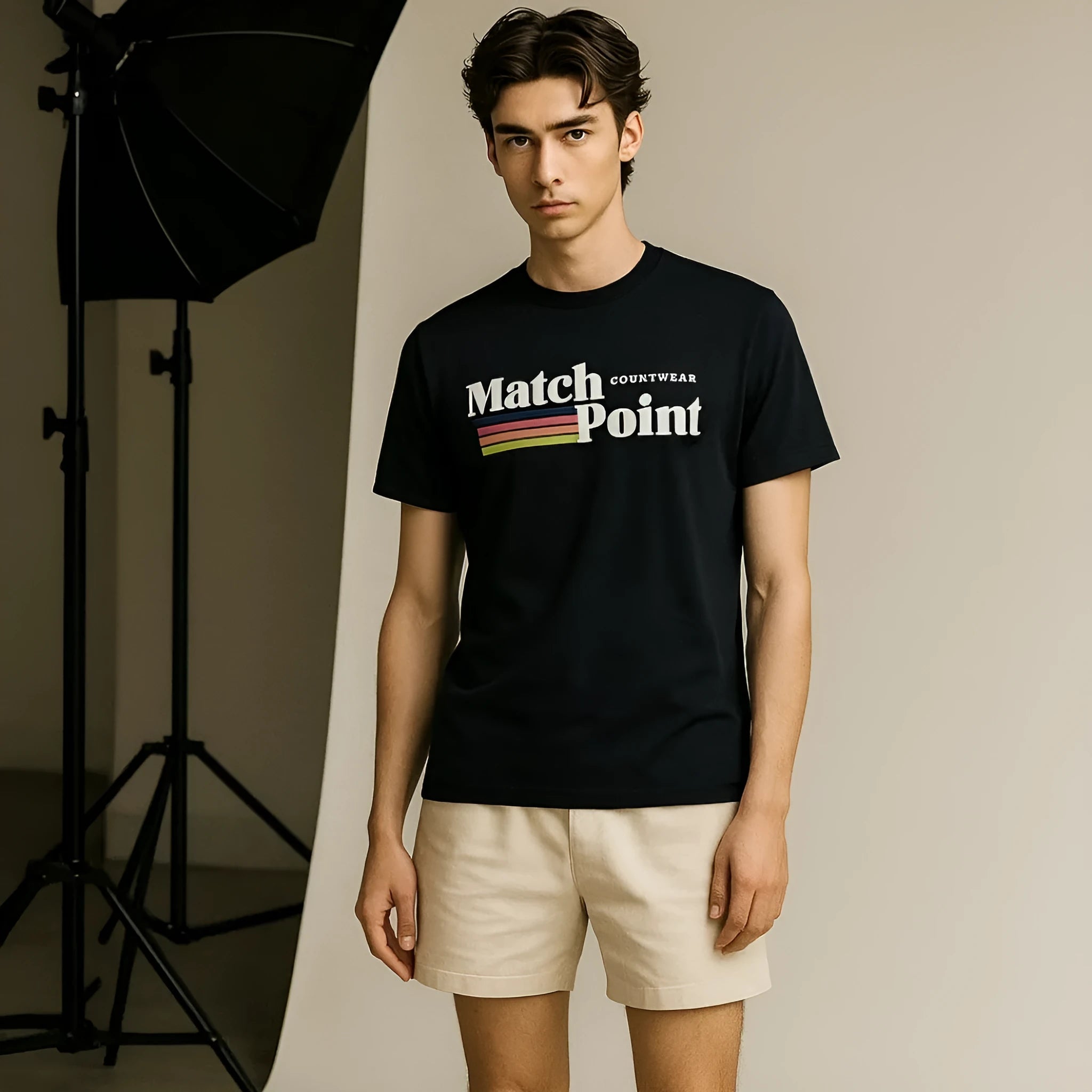 Black men's T-shirt with 3D digital printed pattern, short sleeves, and round neck